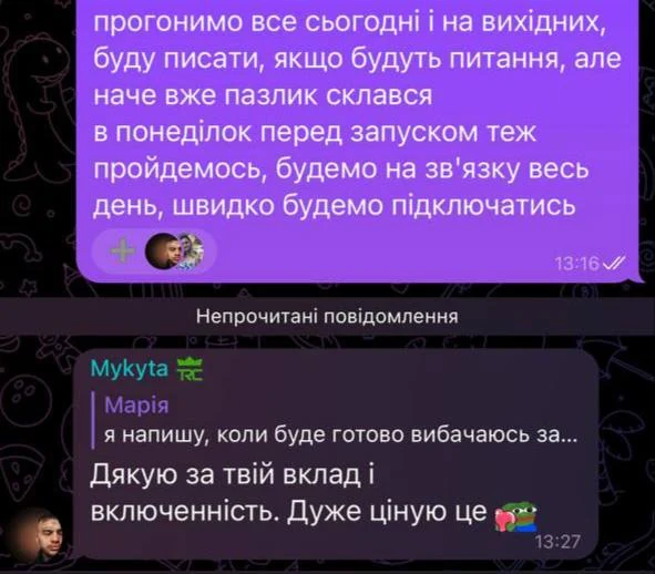 Переписка в Telegram: клієнт дякує за вклад і залученість у проєкт, дуже цінує це